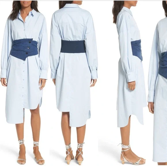 Tibi XS Corset Shirtdress Blue Cotton Poplin Midi Dress - Picture 6 of 12